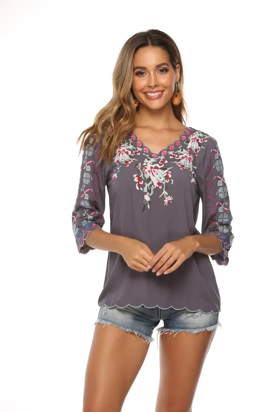 V-Neck Loose Casual Cotton Floral Embroidery Boho Blouse