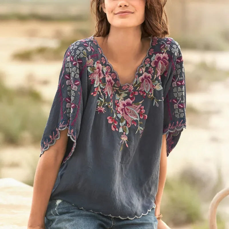 V-Neck Loose Casual Cotton Floral Embroidery Boho Blouse
