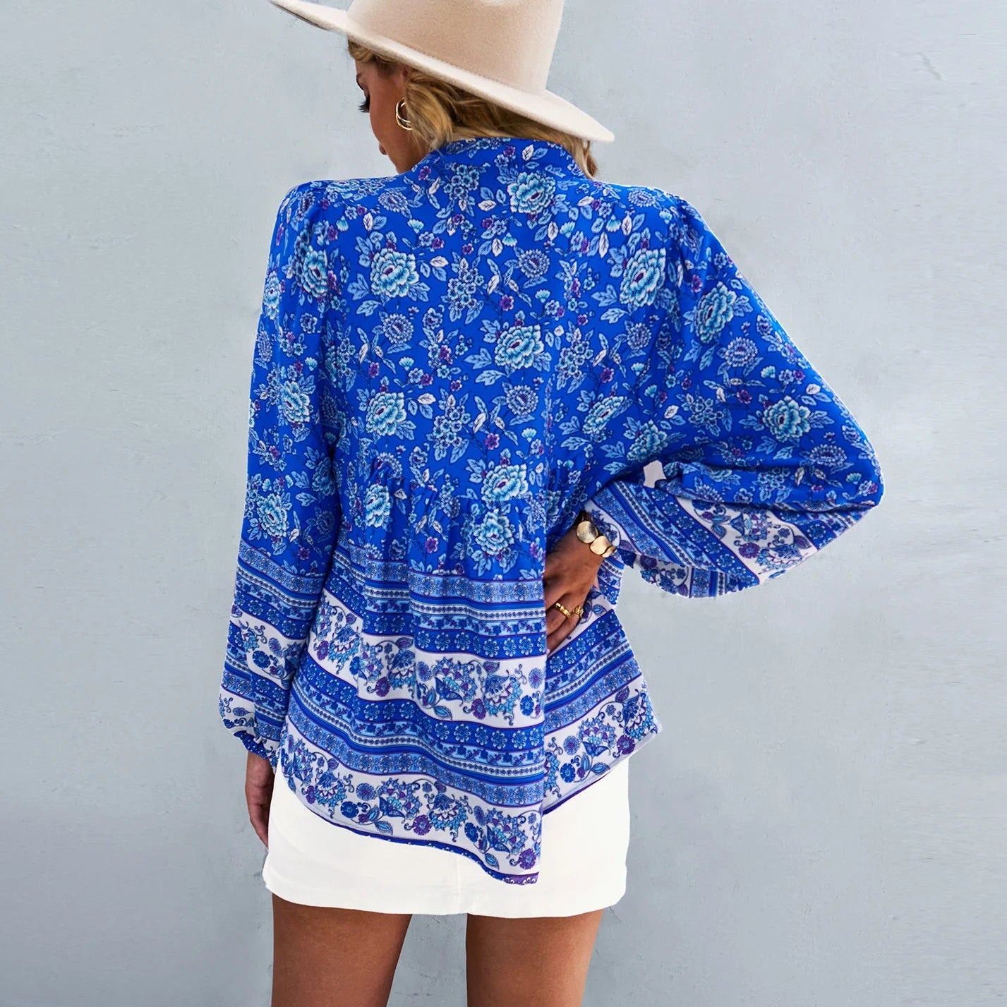 Floral Print Button-Up Long Sleeve Boho Blouse
