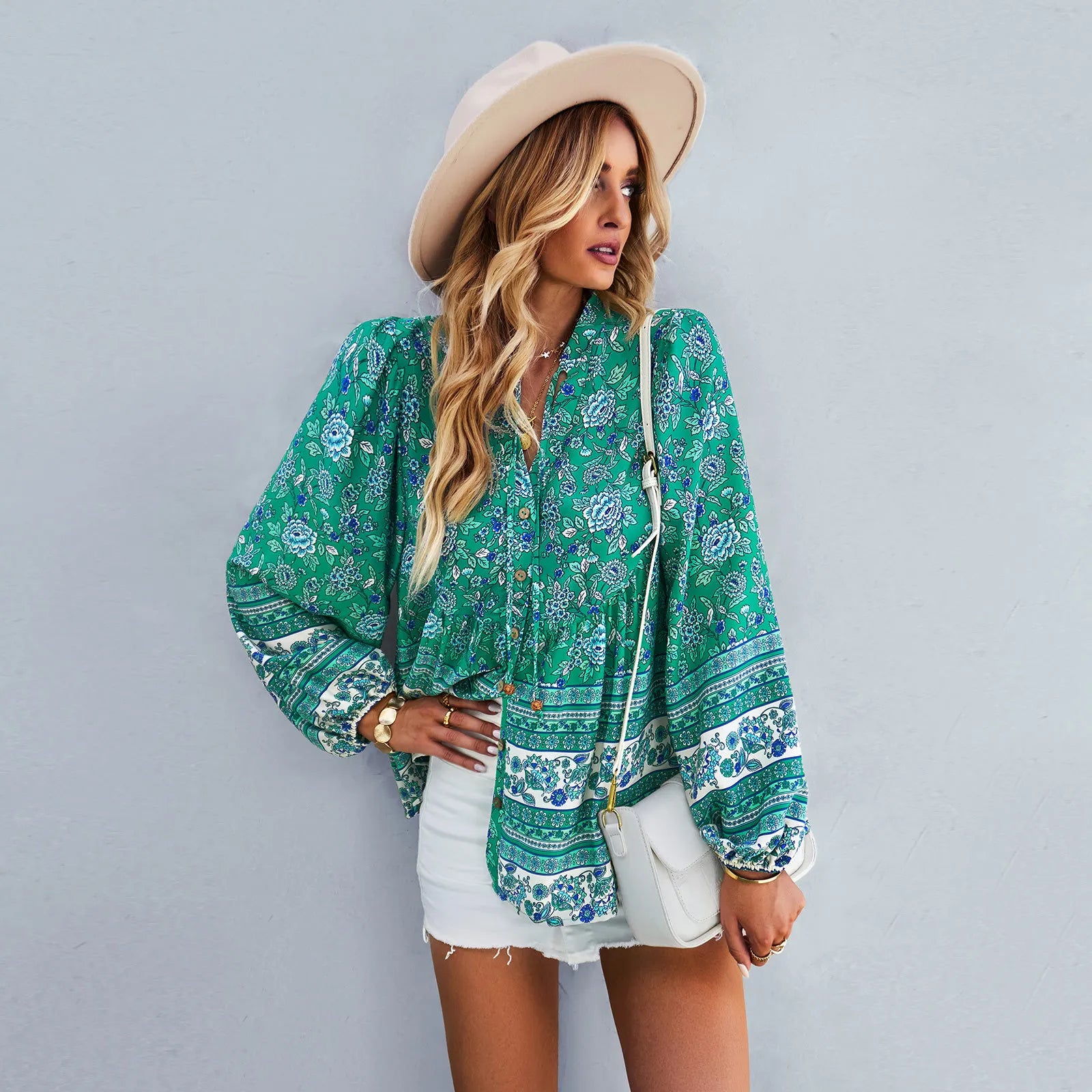 Floral Print Button-Up Long Sleeve Boho Blouse