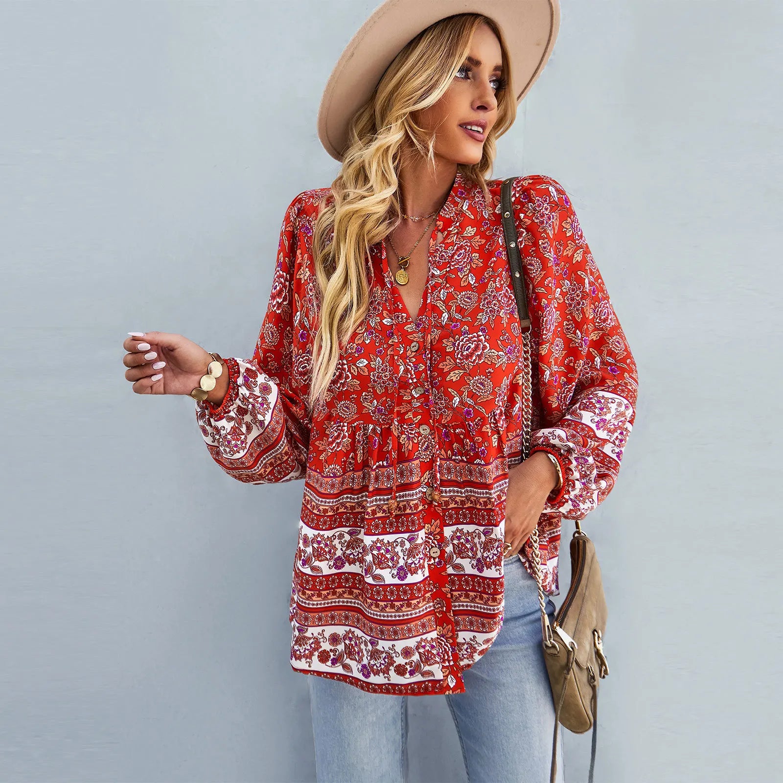 Floral Print Button-Up Long Sleeve Boho Blouse