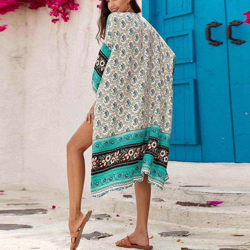 Ethnic Floral Loose Rayon Kaftan Boho Cover up - Fashionpara