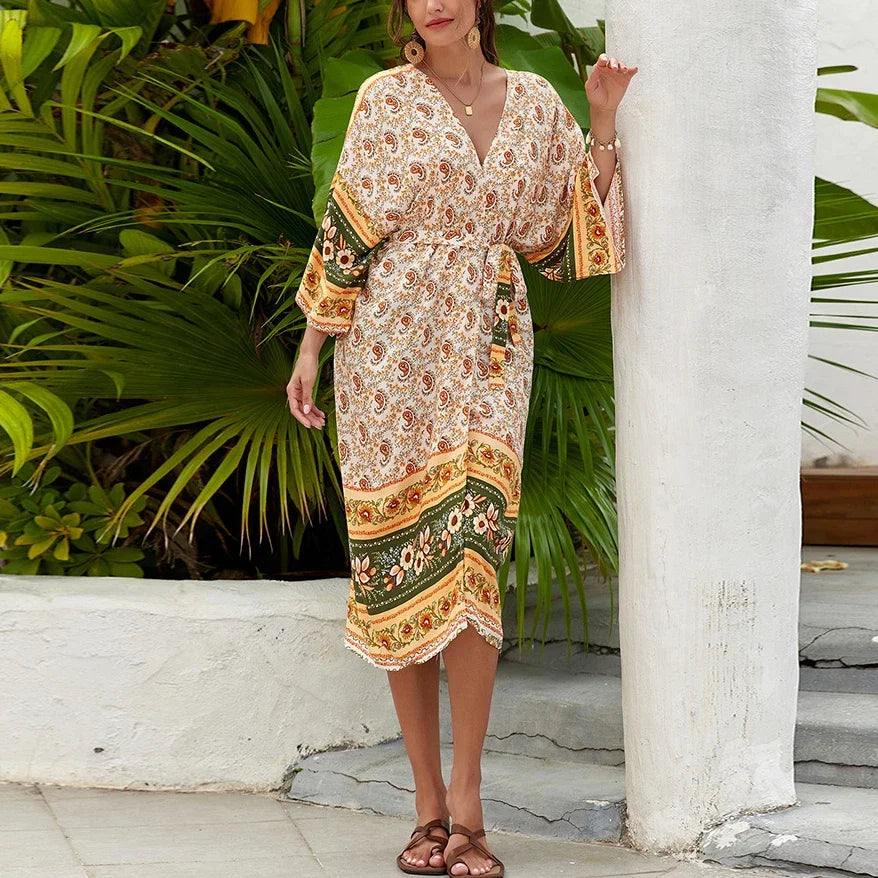 Ethnic Floral Loose Rayon Kaftan Boho Cover up - Fashionpara