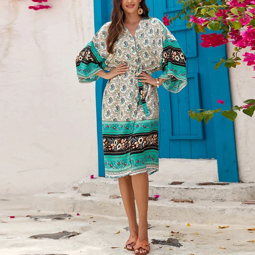 Ethnic Floral Loose Rayon Kaftan Boho Cover up - Fashionpara