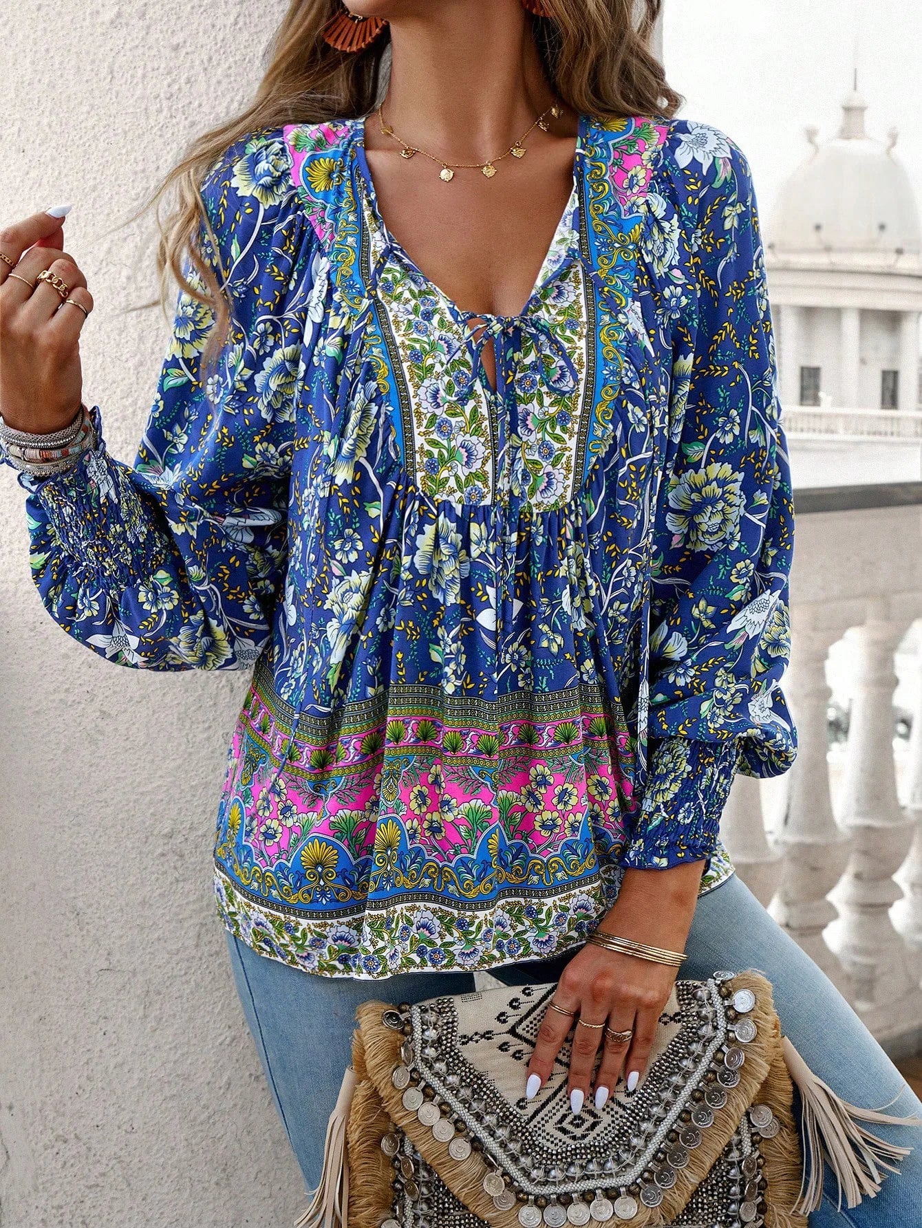Casual V-Neck Floral Print Long Sleeve Boho Blouse