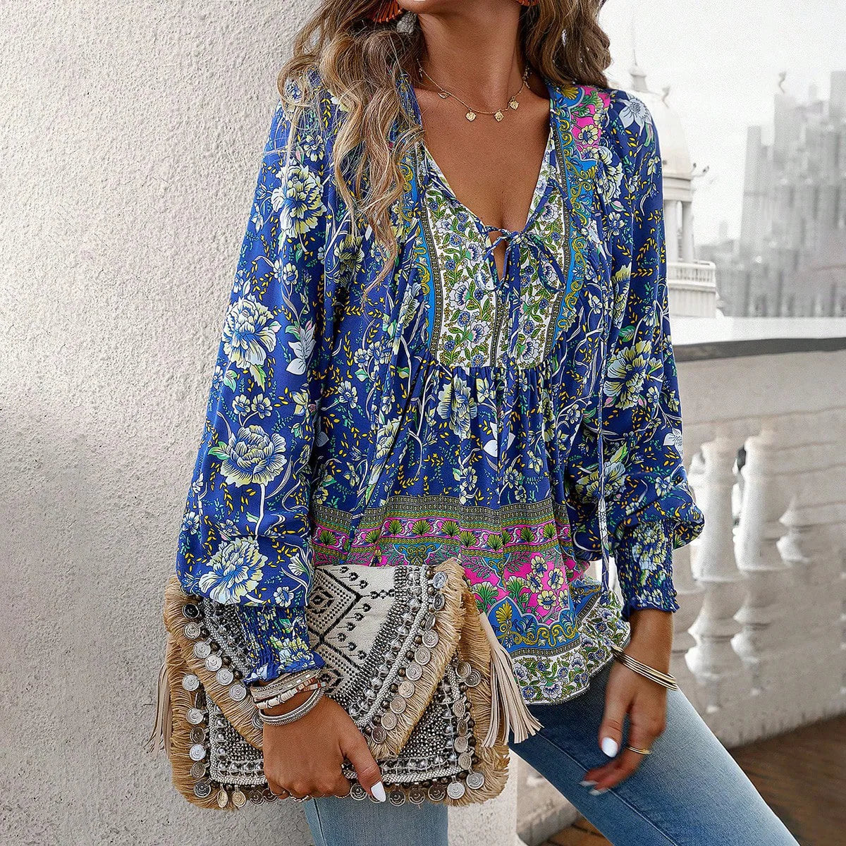 Casual V-Neck Floral Print Long Sleeve Boho Blouse