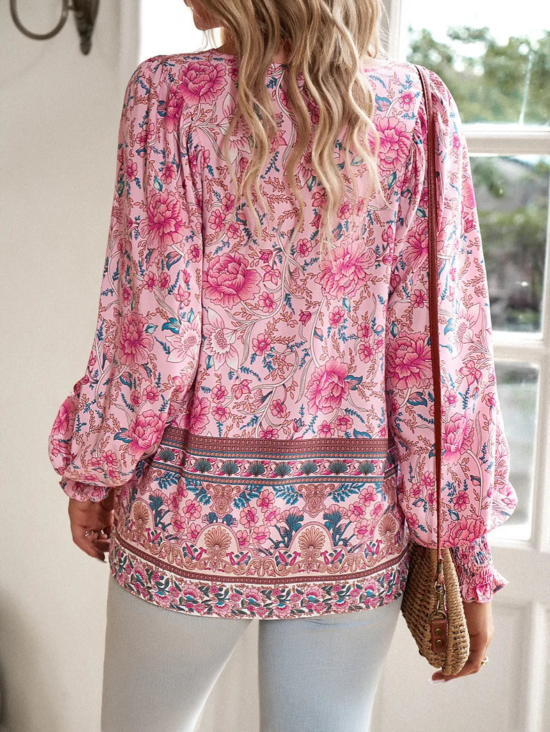 Casual V-Neck Floral Print Long Sleeve Boho Blouse