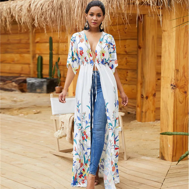 Cotton Kimono Floral Printed Boho Beach Cover Up