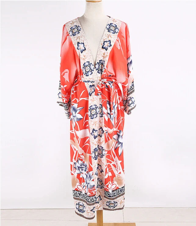 Cotton Kimono Floral Printed Boho Beach Cover Up