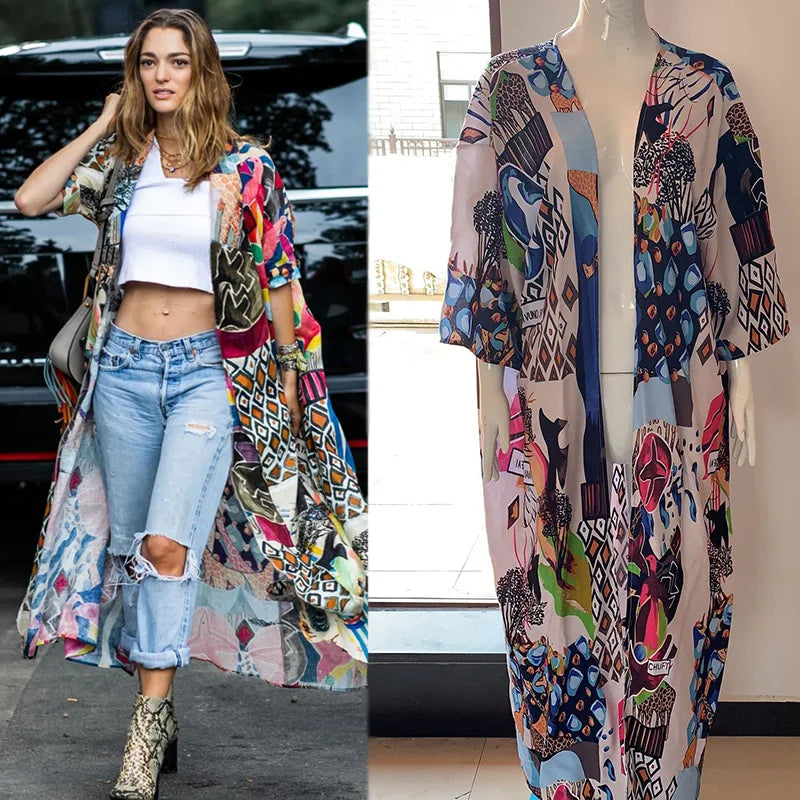 Cotton Kimono Floral Printed Boho Beach Cover Up