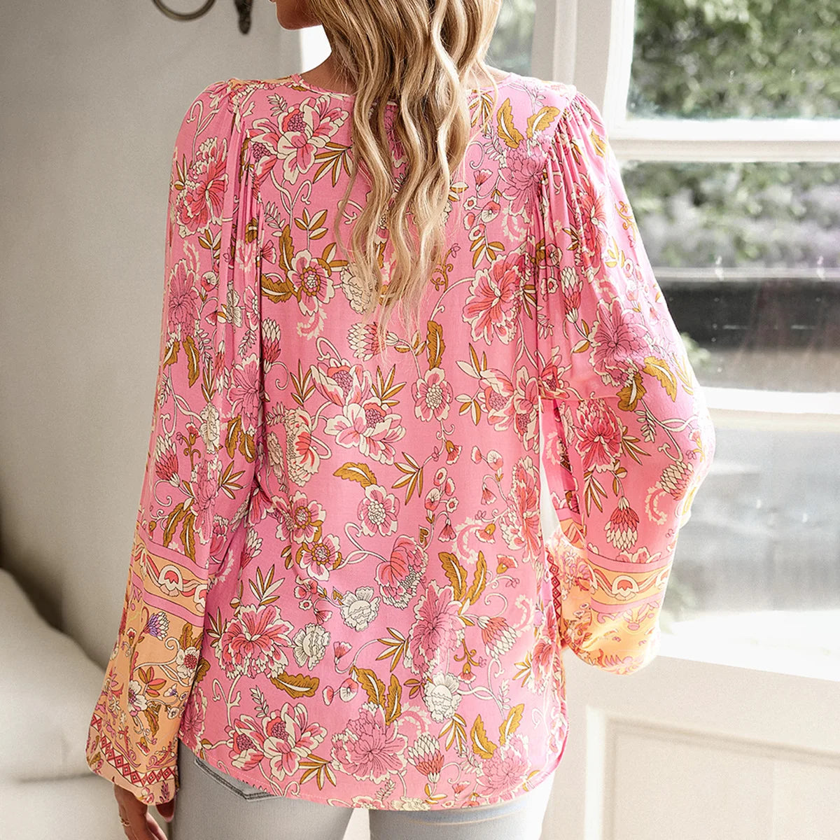 Cotton Rayon Floral Printed Long Sleeve Beach Boho Blouse