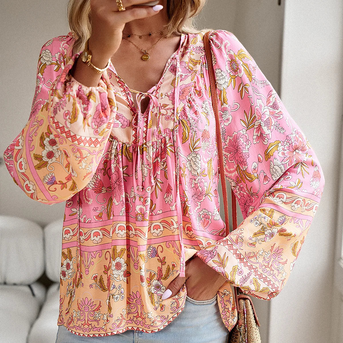 Cotton Rayon Floral Printed Long Sleeve Beach Boho Blouse