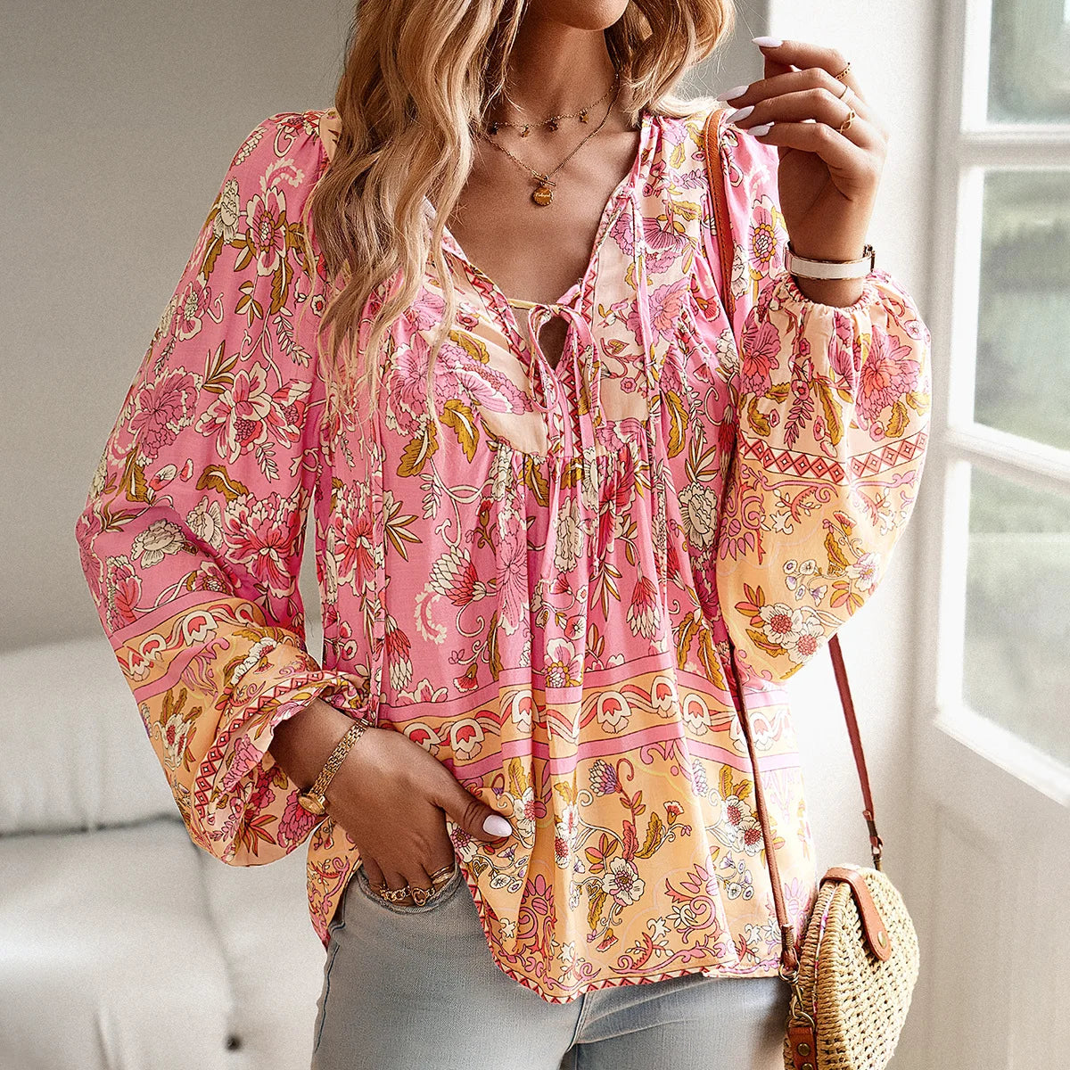 Cotton Rayon Floral Printed Long Sleeve Beach Boho Blouse