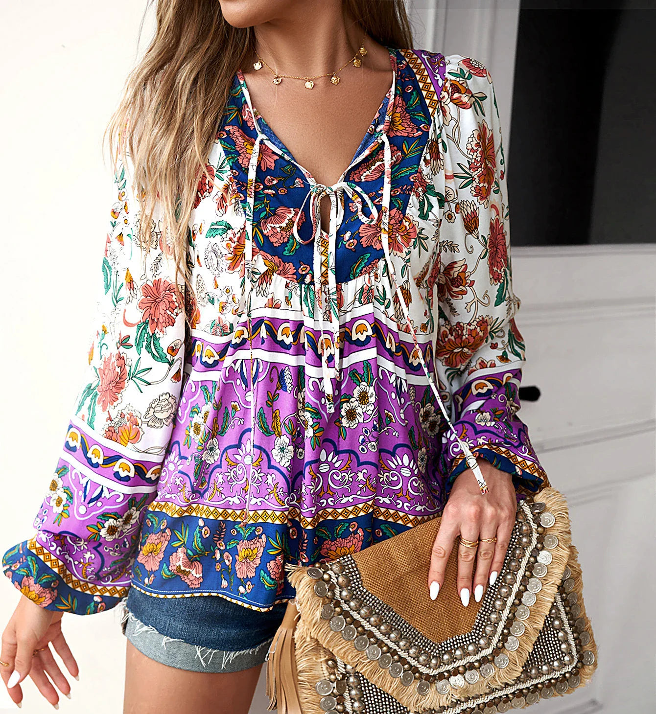 Cotton Rayon Floral Printed Long Sleeve Beach Boho Blouse