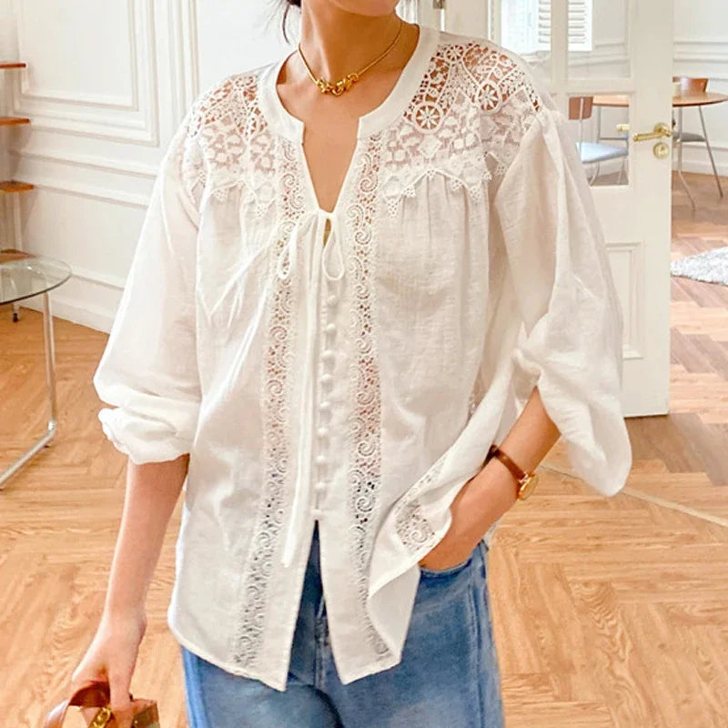 Cotton White Lace Lantern Sleeve Oversize Boho Blouse