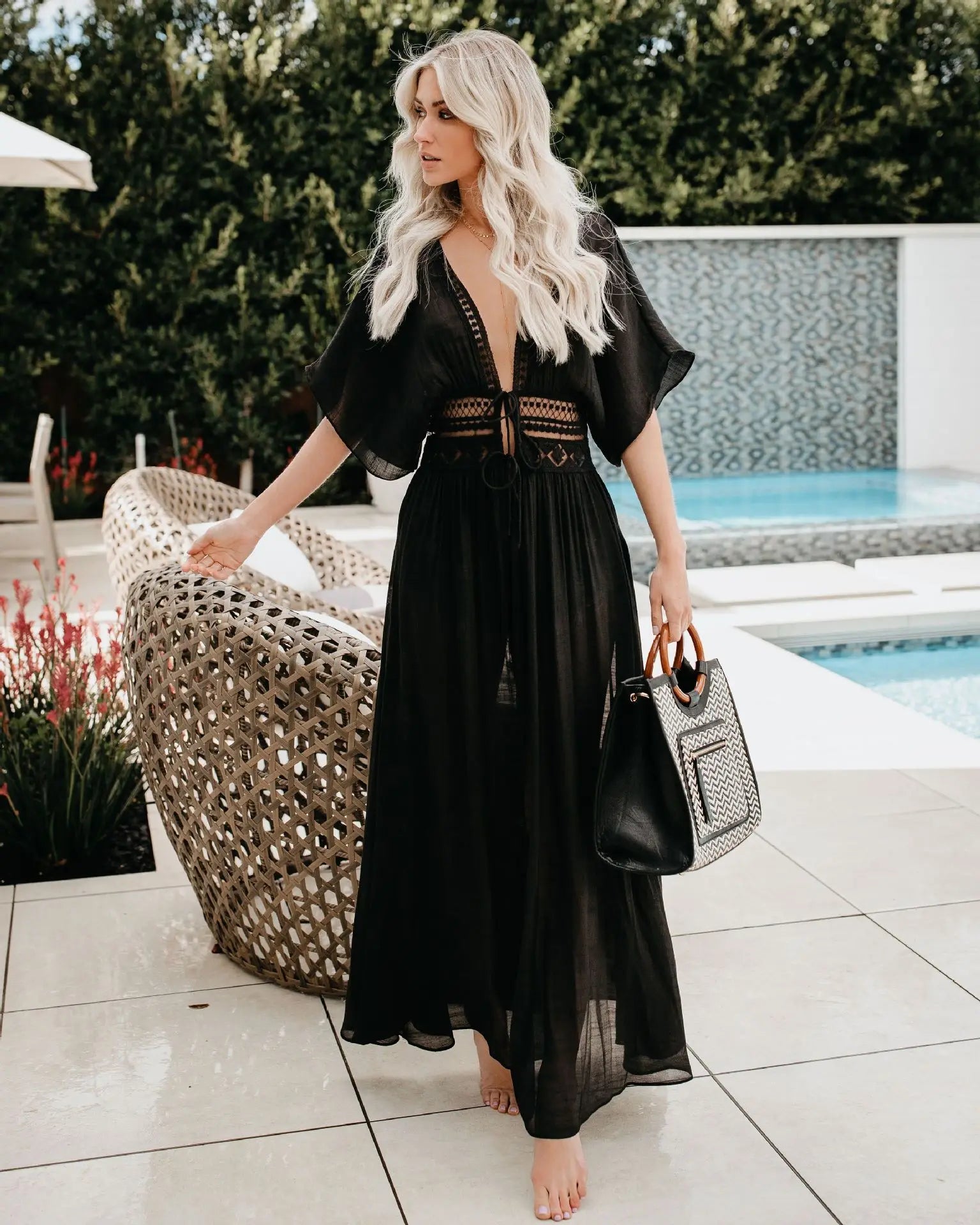 Sexy Deep V-neck White Lace Boho Kimono Bikini Cover up