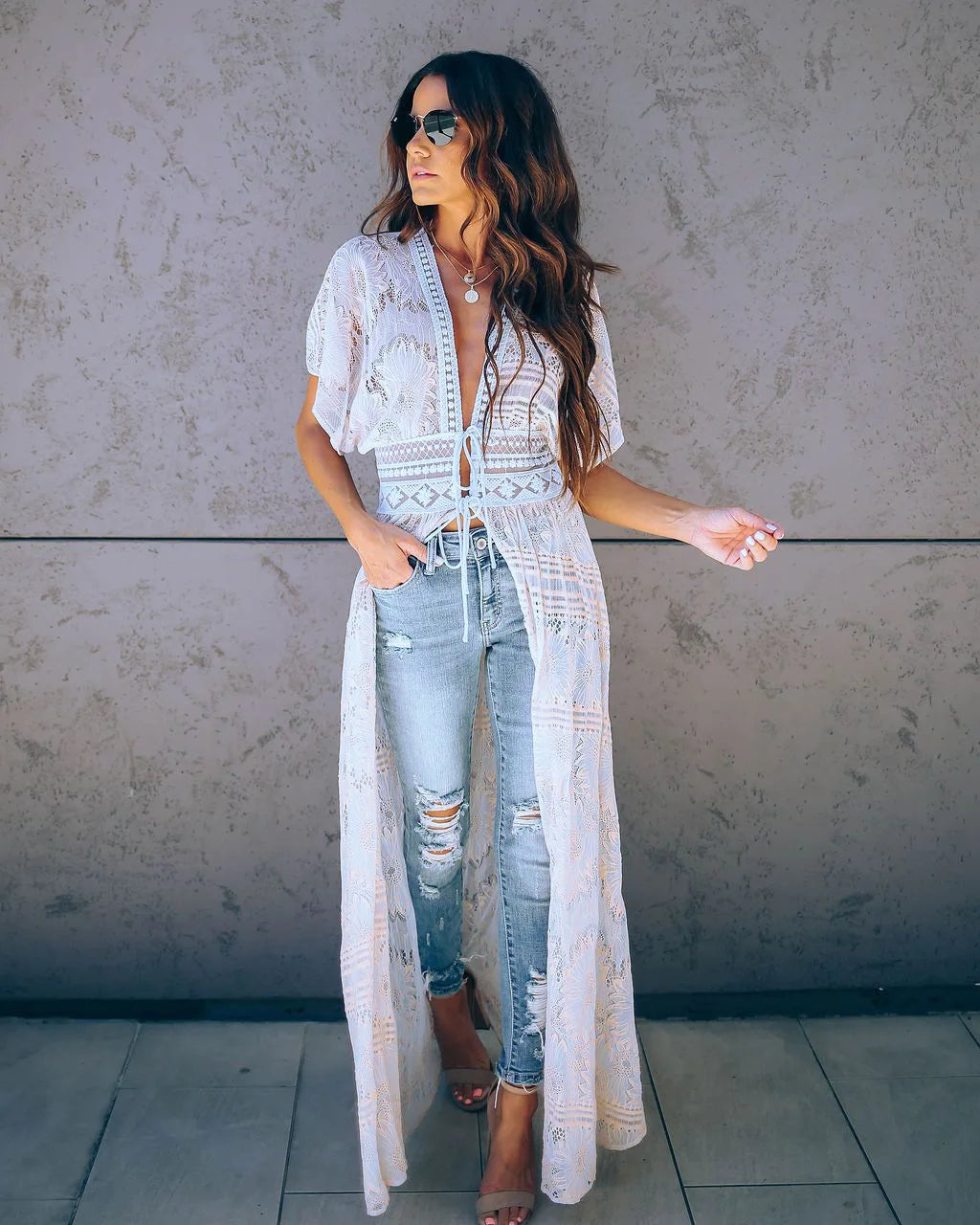 Sexy Deep V-neck White Lace Boho Kimono Bikini Cover up