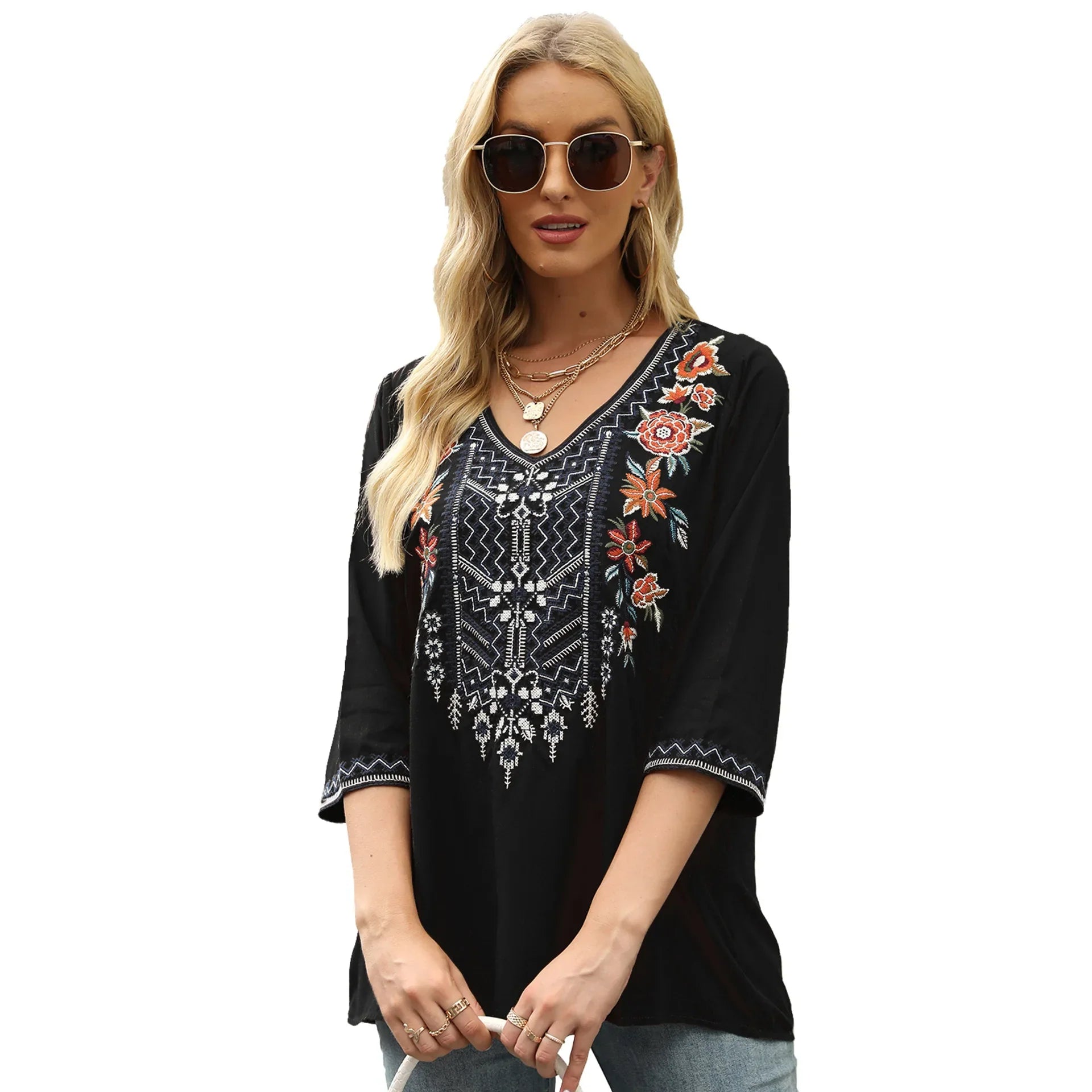 Vintage Floral Embroidery Loose Cotton Long Sleeve Boho Blouse - Fashionpara