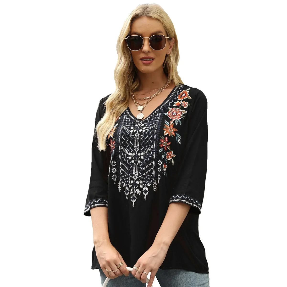 Vintage Floral Embroidery Loose Cotton Long Sleeve Boho Blouse Black / S bohoblouse-250126