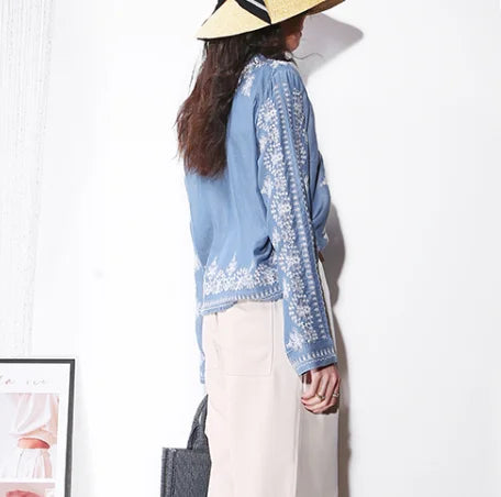 Vintage Floral Embroidery Cotton Denim Long Sleeve Boho Blouse - Fashionpara