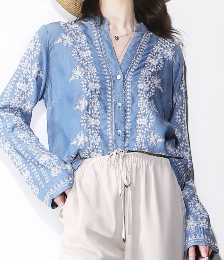 Vintage Floral Embroidery Cotton Denim Long Sleeve Boho Blouse