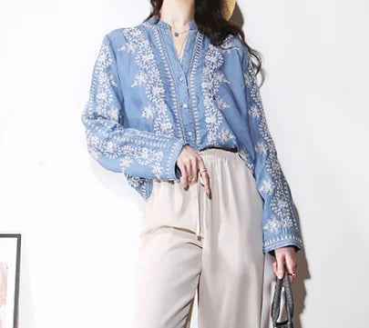 Vintage Floral Embroidery Cotton Denim Long Sleeve Boho Blouse - Fashionpara