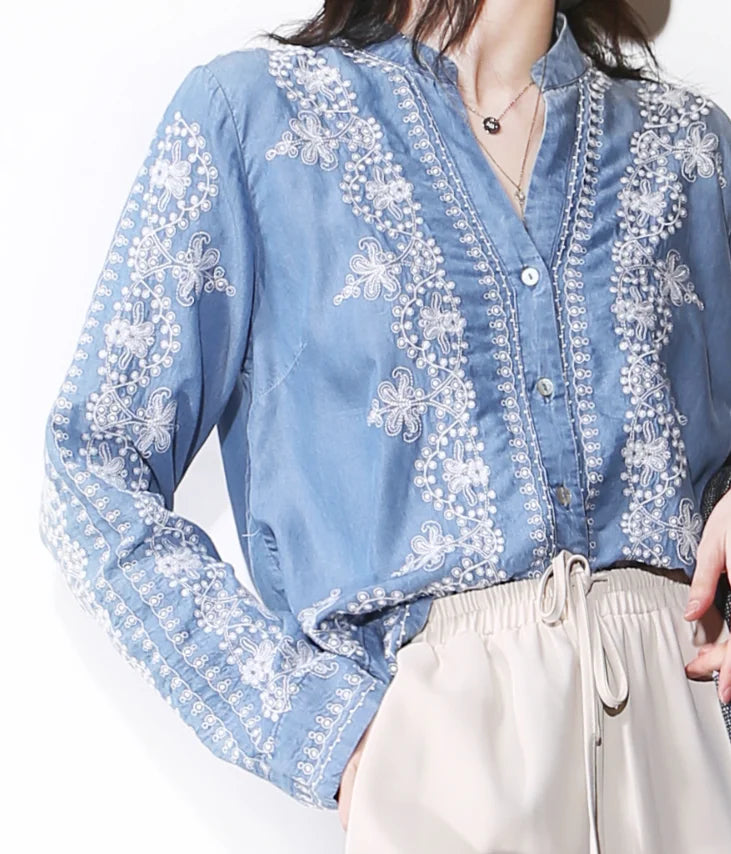 Vintage Floral Embroidery Cotton Denim Long Sleeve Boho Blouse - Fashionpara