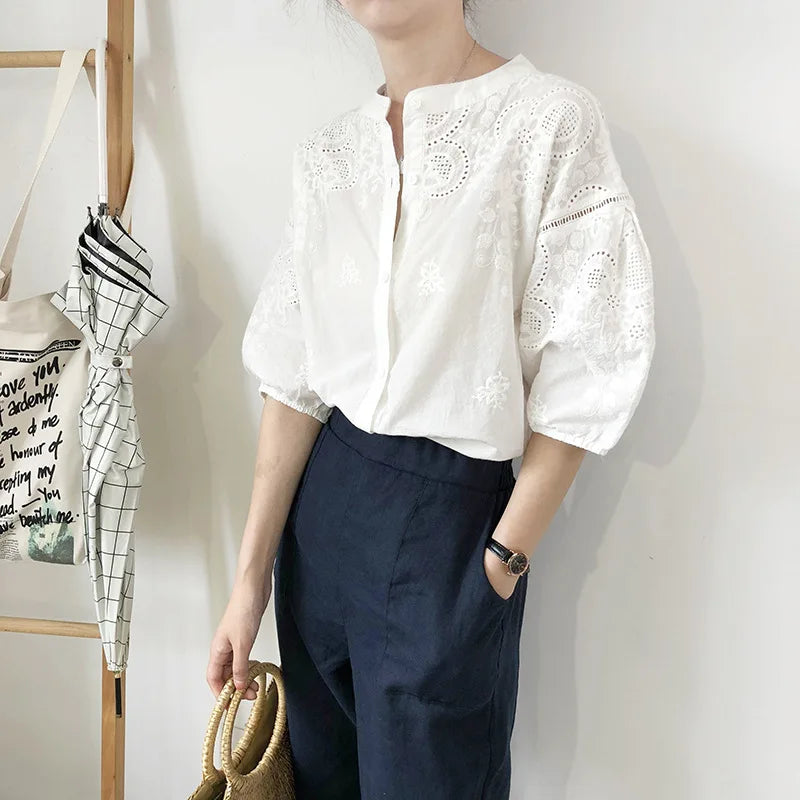 White Cotton Floral Embroidery Vintage Boho Summer Blouse