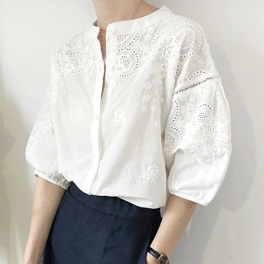 White Cotton Floral Embroidery Vintage Boho Summer Blouse