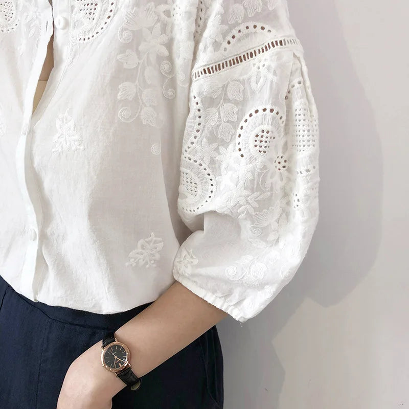 White Cotton Floral Embroidery Vintage Boho Summer Blouse