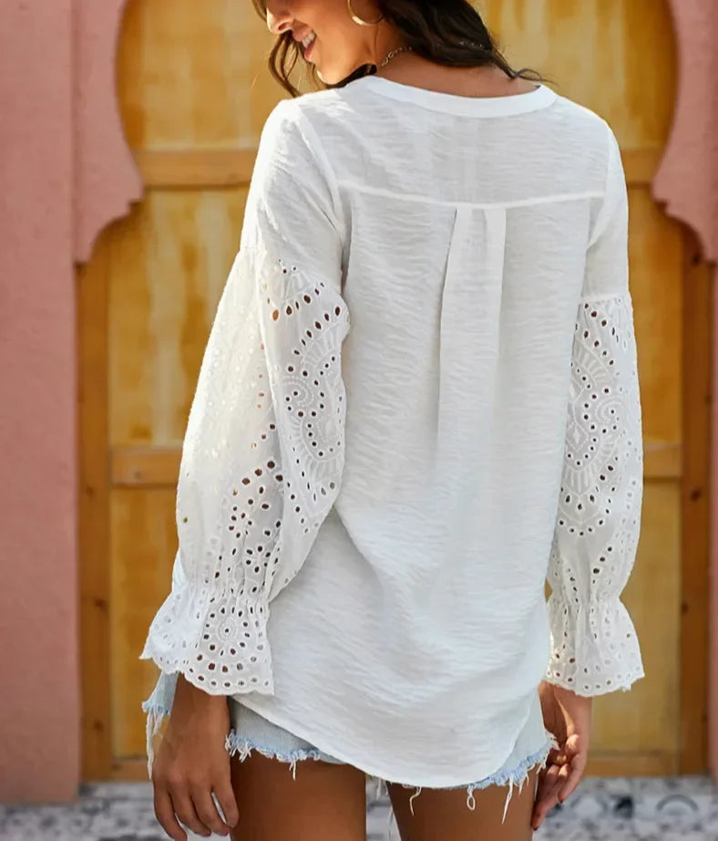 White Long Sleeve Lace Oversize V-Neck Boho Blouse