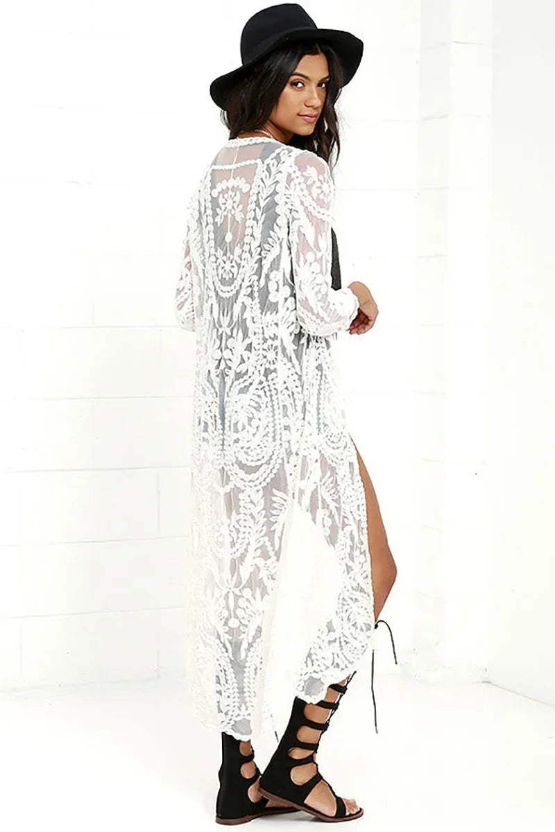 White Lace Floral Embroidery Boho Cover up - Fashionpara