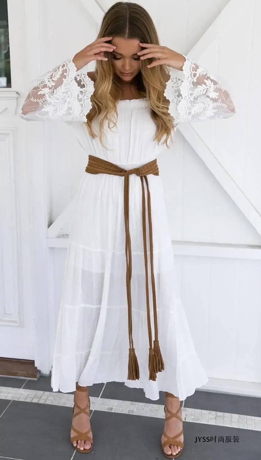 Off Shoulder Lace Flare Sleeve Tiered Maxi Dress