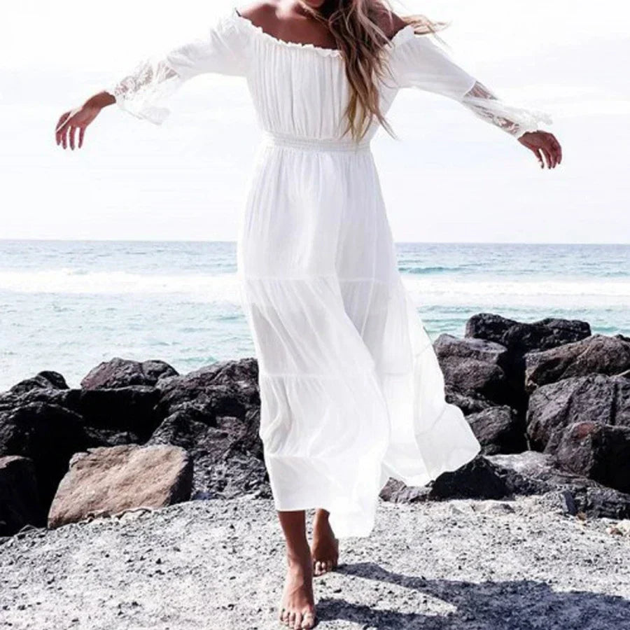 Off Shoulder Lace Flare Sleeve Tiered Maxi Dress