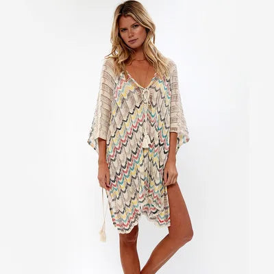 Hollow Deep V-neck Lace Boho Mini Dress Cover up