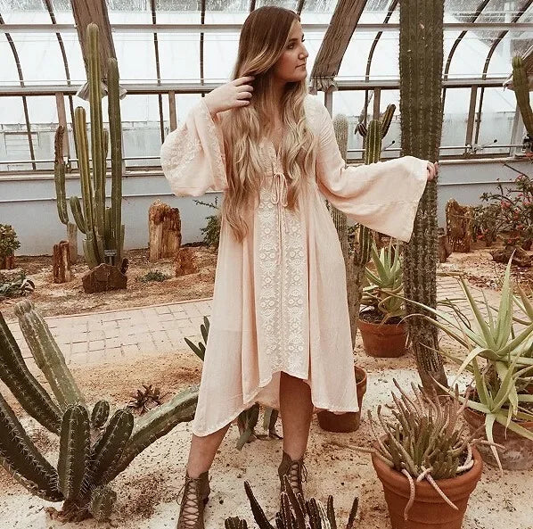 V-Neck Bell Sleeve Lace Panel Tassel-Tie Midi Dress