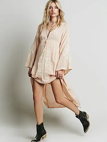 Long Sleeve Floral Embroidered Cotton Boho Dress