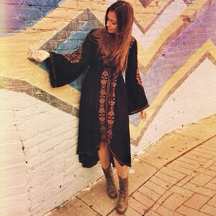 V-Neck Bell Sleeve Lace Panel Tassel-Tie Midi Dress