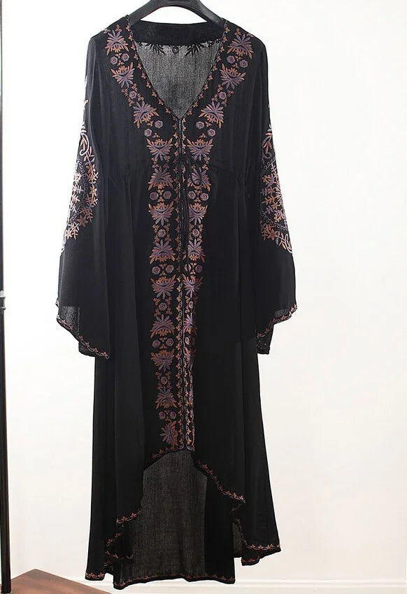 Long Sleeve Floral Embroidered Cotton Boho Dress