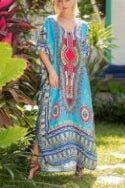 Maxi Kaftan Dress Rayon Ethnic Floral Print Beach Sundress Blue / One Size bohodress-250126