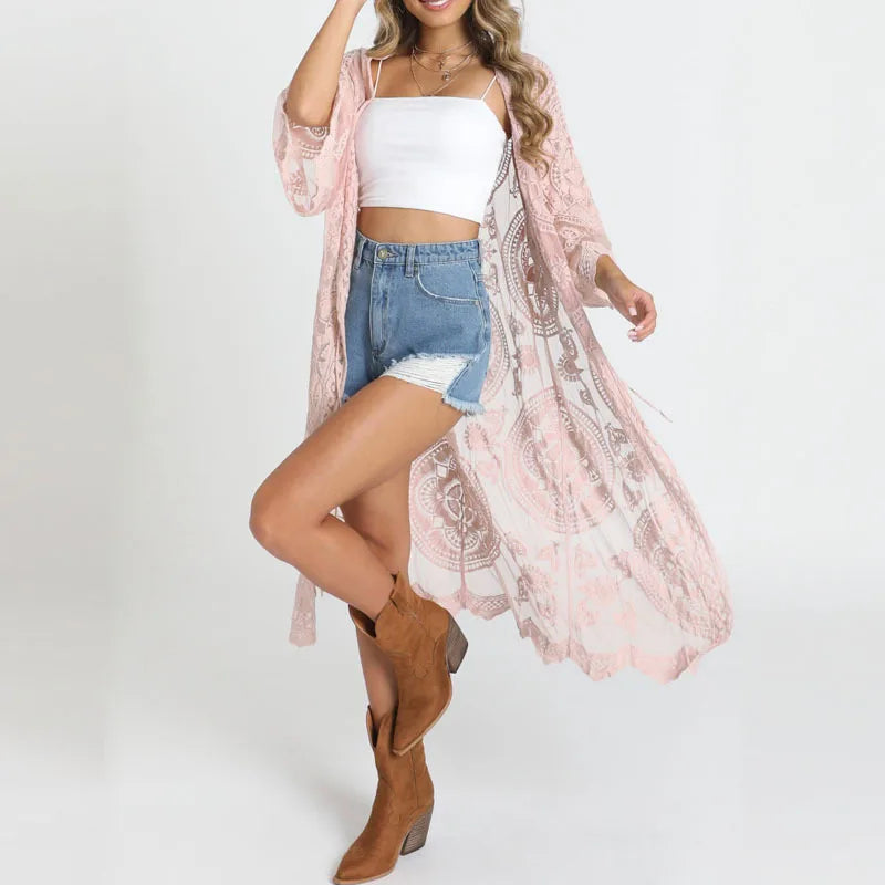 Sexy See-Through Lace Blouse Boho Beach Bikini Cover Up