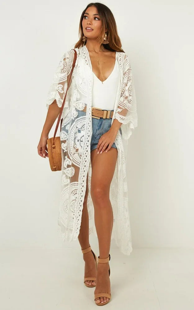 Sexy See-Through Lace Blouse Boho Beach Bikini Cover Up