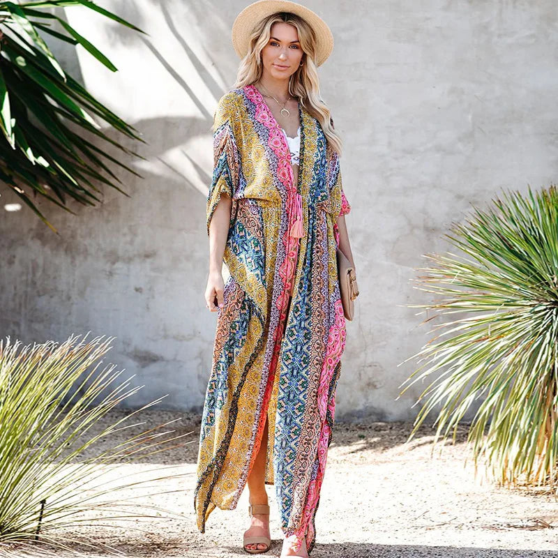 Tassel Lace-up Kimono Cotton Printed Bikini Cover up