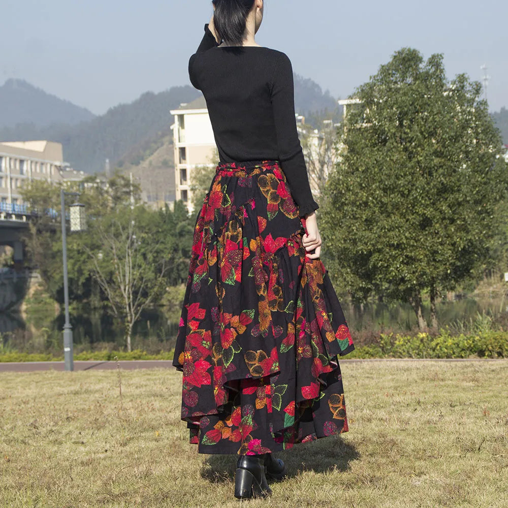 TIYIHAILEY Floral Print Maxi Skirt Elastic Waist Cotton Linen