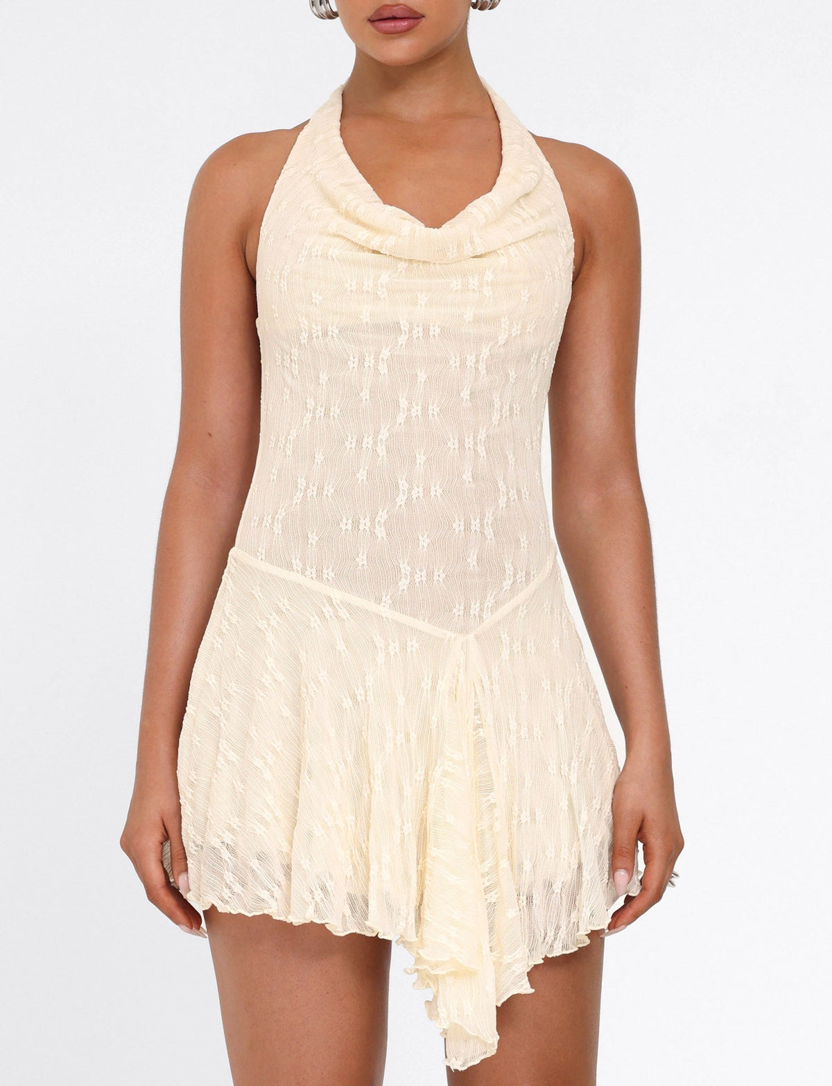 Cowl Neck Halter Backless Textured Asymmetric Mini Dress 4