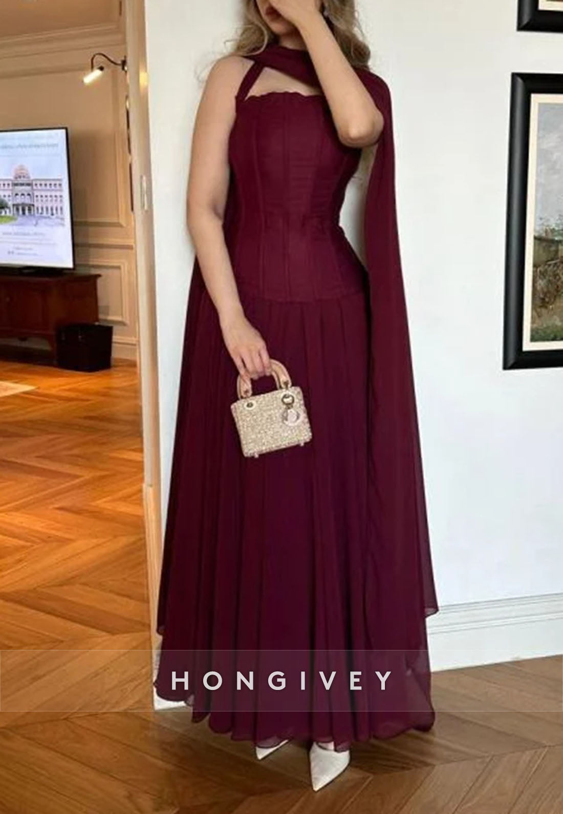Pleated A-line Ankle-Length Silk Ribbon Halter Evening Gown