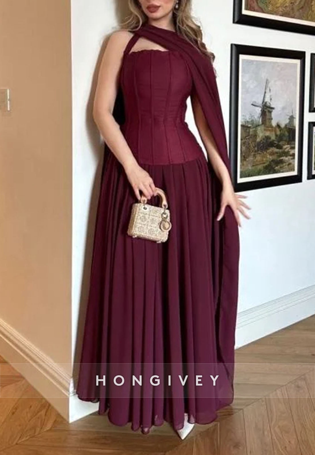 Pleated A-line Ankle-Length Silk Ribbon Halter Evening Gown