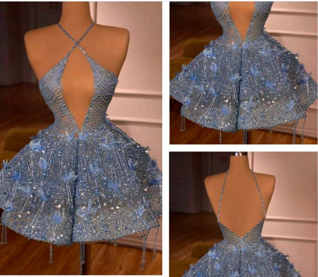 Luxurious Halter Blue Sequin Beaded A Line Short Party Dress Cocktail Dress Formal 7th Grade Homecoming Dress S853
