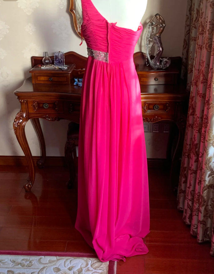 Pretty Rose Red One Shoulder Chiffon Pleated Beaded Evening Dress Long Wedding Guest Dress D1776