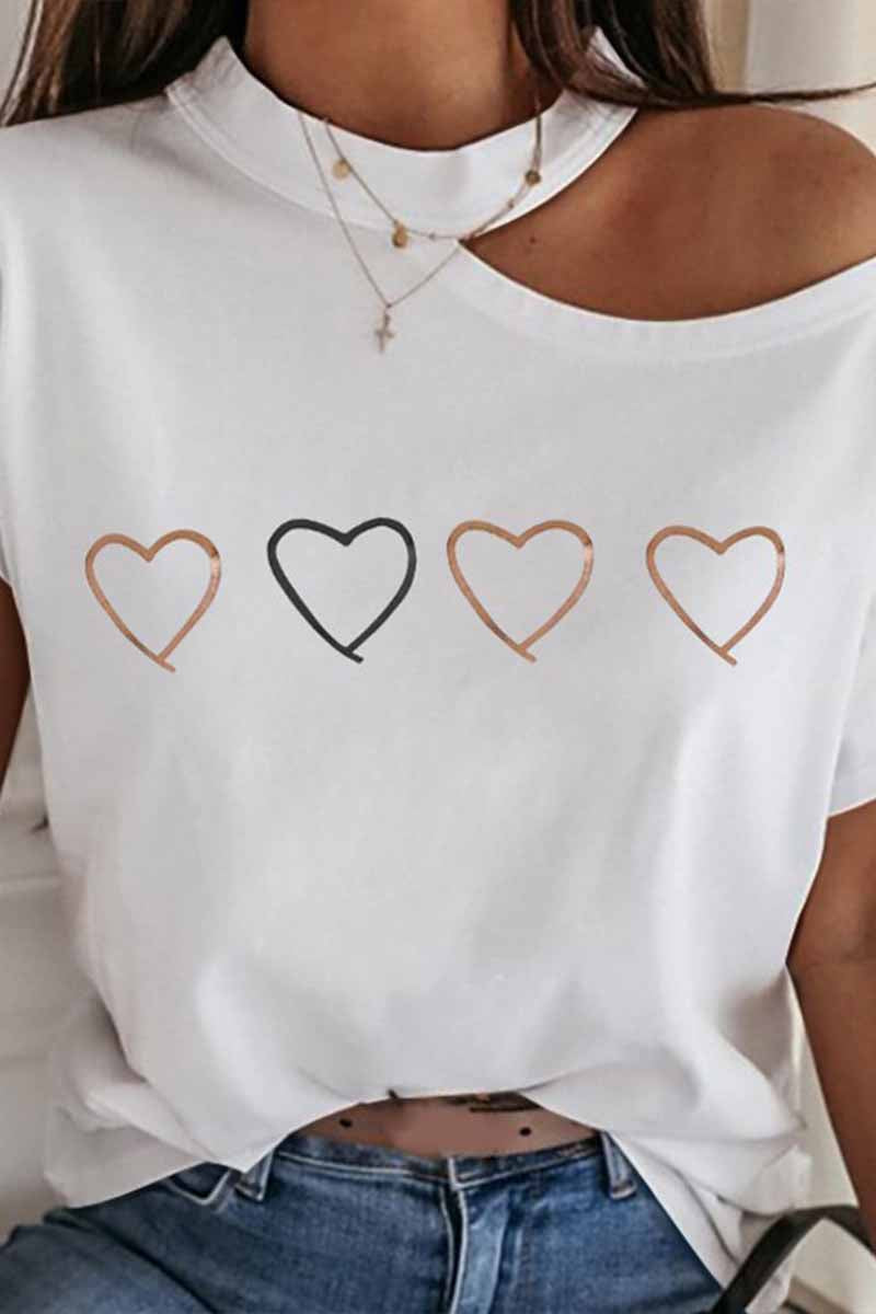 Florcoo Print Cold Shoulder Short Sleeve T-shirt
